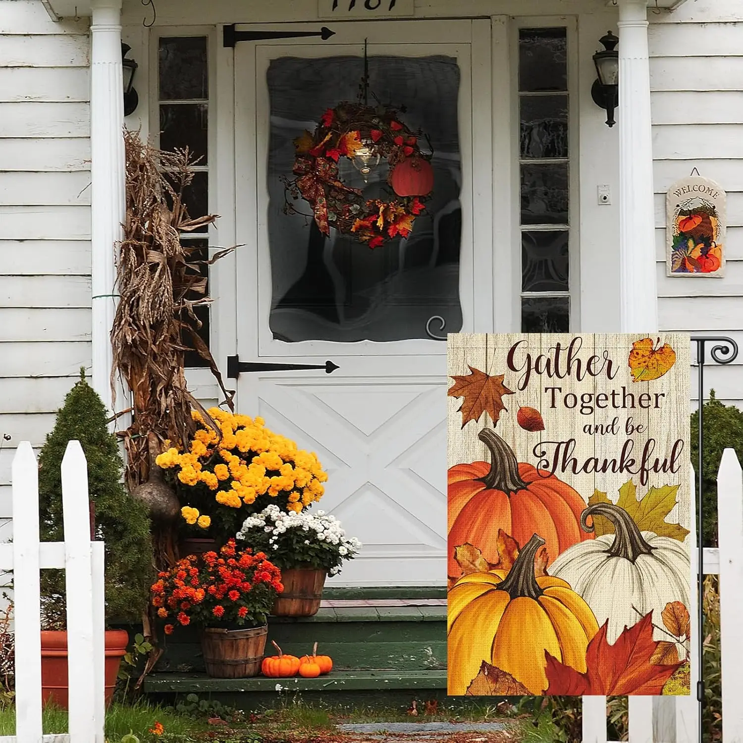 Louise Maelys Fall Thanksgiving Garden Flag Pumpkin Gather Together And Be Thankful 12x18 Inch Double Sided Maple Holiday Se KZA
