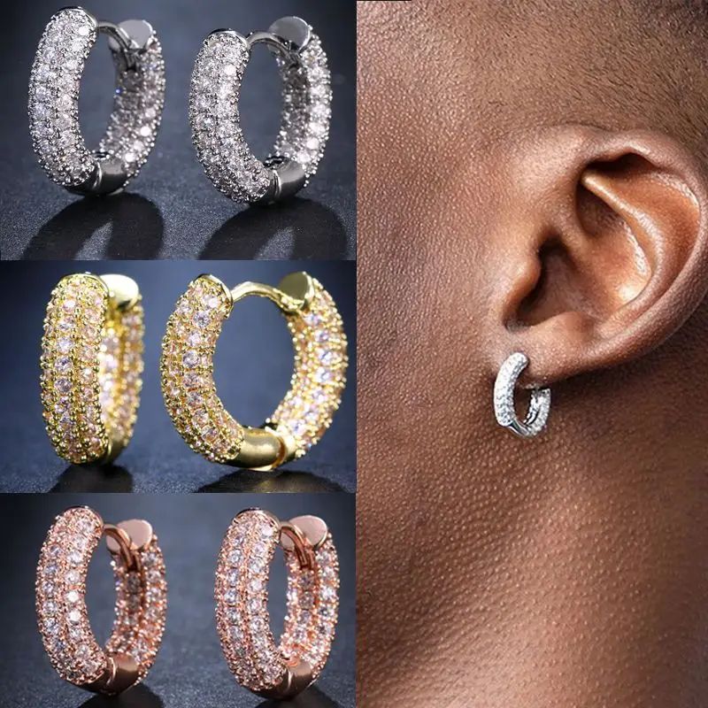 Punk Men Women Circle Hoop Earrings Shiny White Zircon Simple Daily Wear Small Earrings Wedding Party Fashion Jewelry Gifts