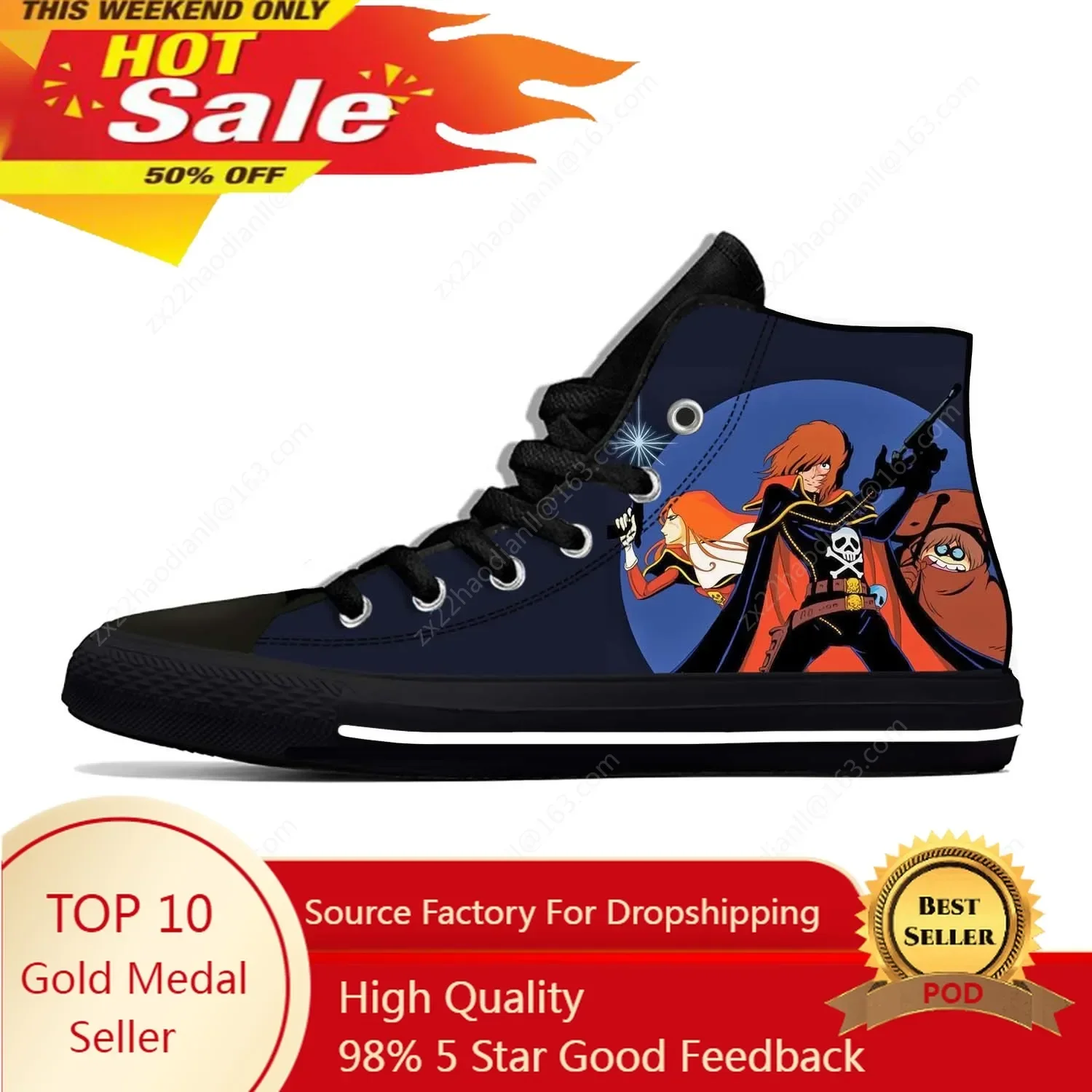 Anime Cartoon Manga Space Pirate Captain Harlock Casual Cloth Shoes High Top Lightweight Breathable 3D Print Men Women Sneakers