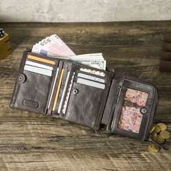 CONTACT'S crazy horse genuine leather men's wallet vintage short wallets with coin pocket walet male small man's purse cuzdan