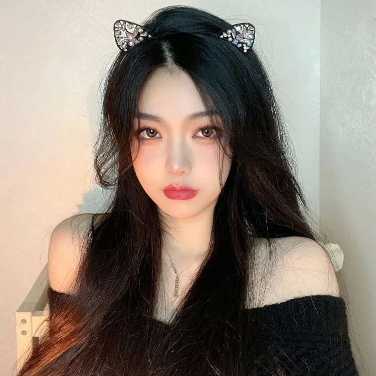 여성용 헤어 후프 글리터 크리스탈 금속 라인석 고양이 귀 머리띠, 코스튬 파티 헤어밴드 액세서리, 1PC