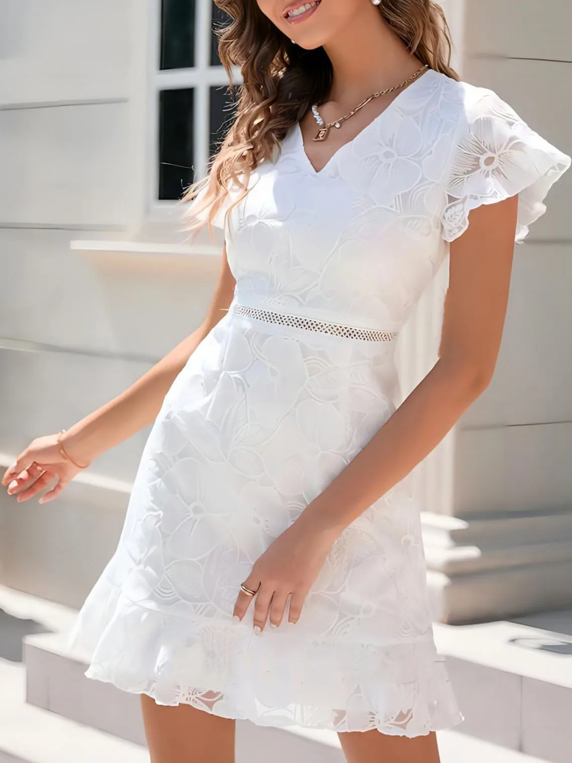 

Fashions Sweet Sheath Cocktail Evening Dress Lace V-Neck Short Sleeve Mini Ruffle Homecoming Party Dresses 2025 Free Customized