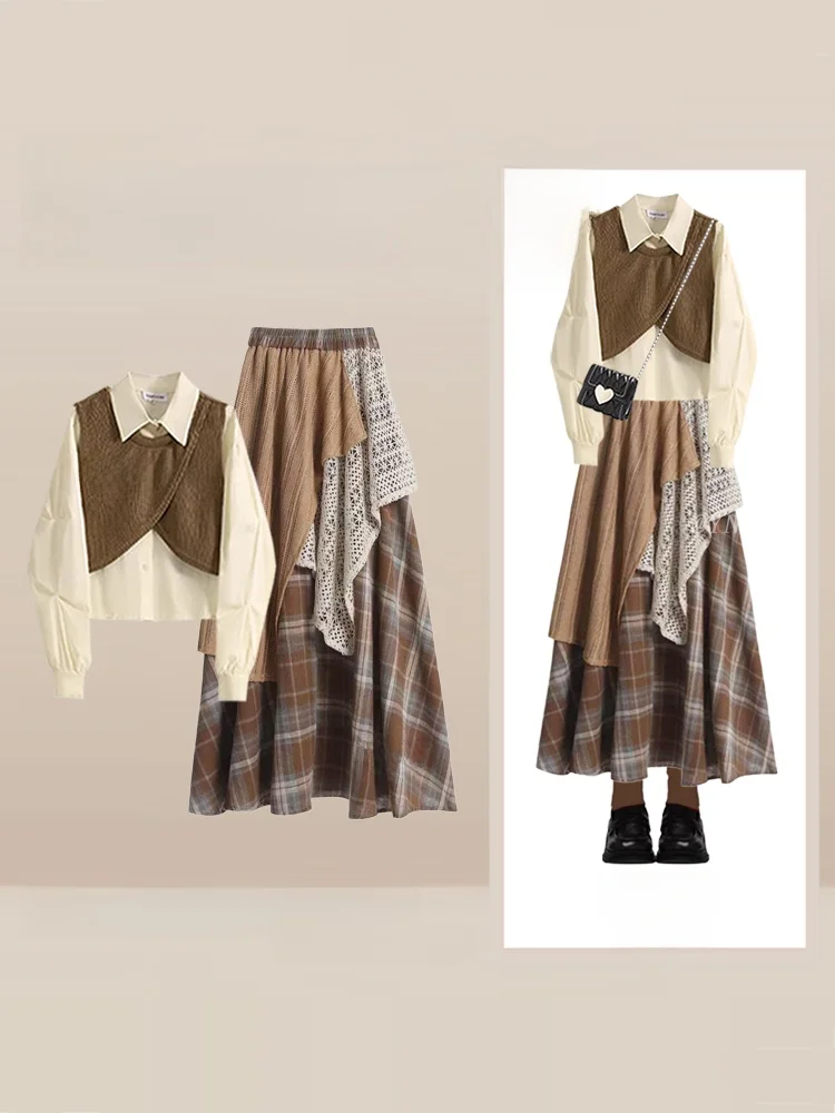 

Autumnal Plaid irt And Skirt Set High Waist A-Line Midi Skirt Patchwork Design Long Sve Casual Faion Women's Ensemble