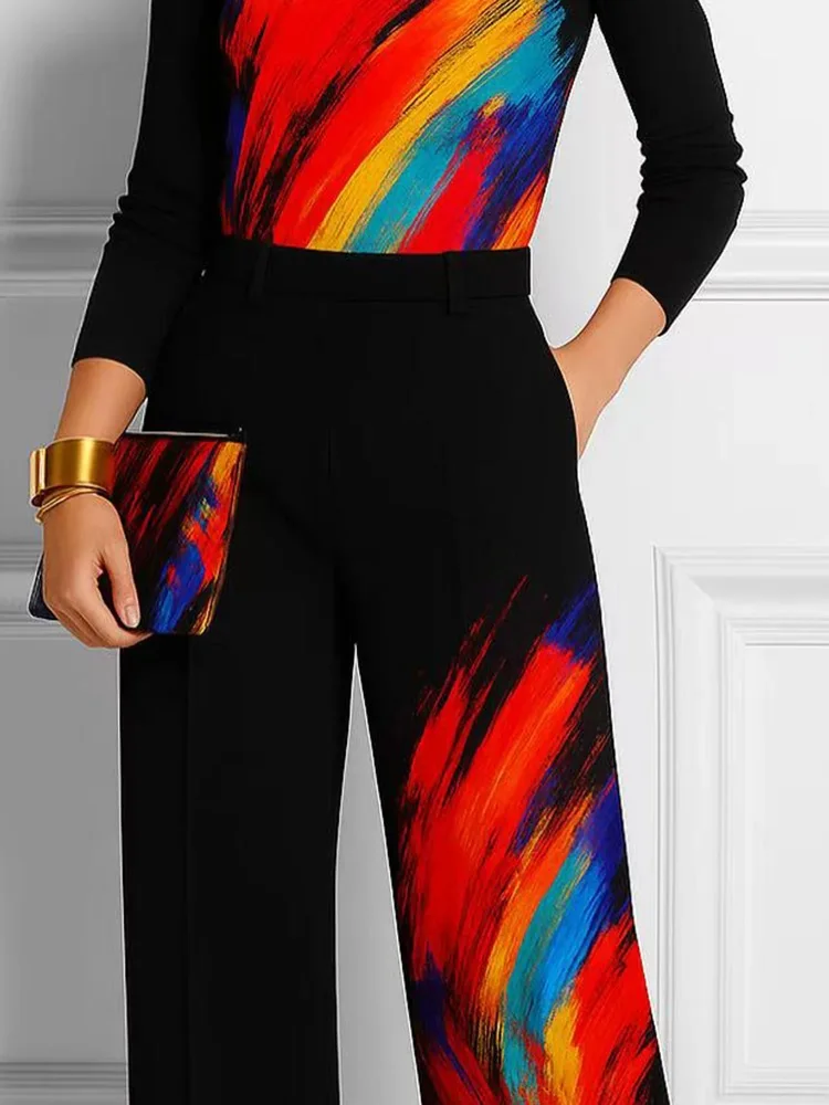 Women's Black Straight-leg Pants Fashion Vibrant Multicolored Printed High Waist Loose Casual Office Work Party Trousers Bottoms