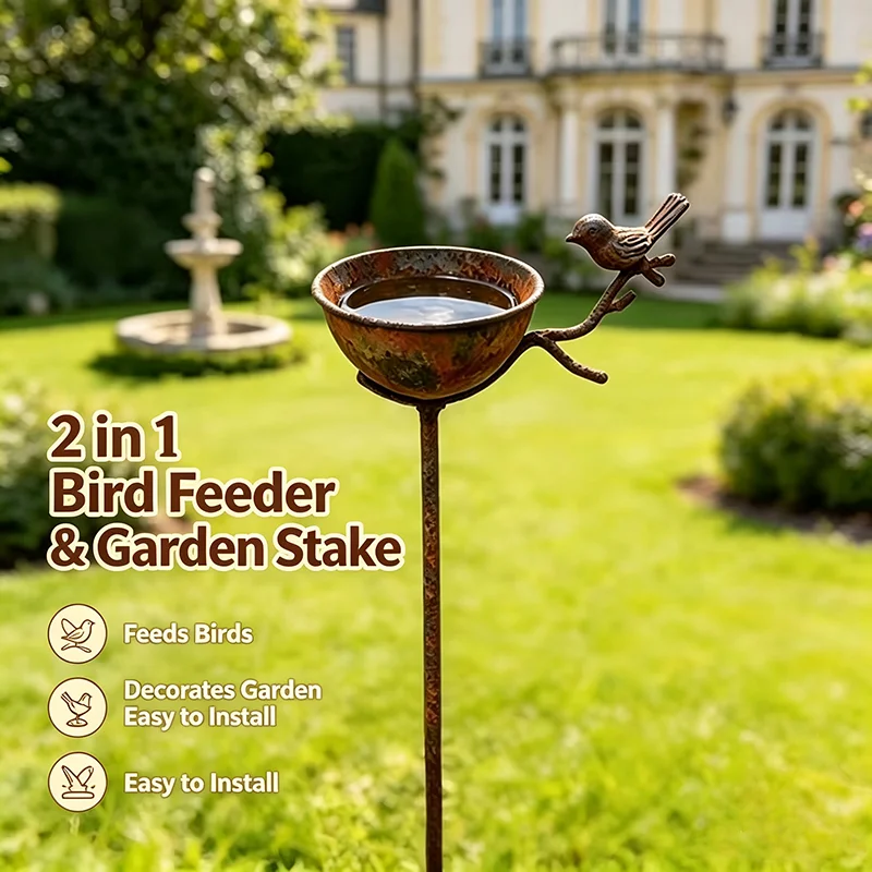 Retro Metal Ground Peg Two-in-One Bird Feeder and Water Bowl - Rustic Surface for Outdoor, Garden, Lawn and Terrace Decoration