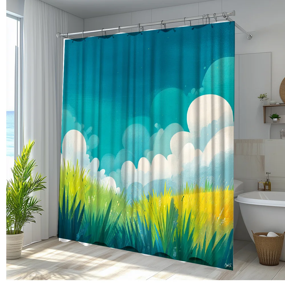 

1pc Vibrant Nature Bath Curtain - Polyester Fabric with Serene Landscape & Clouds Design, 180x200cm Includes 12 Hooks