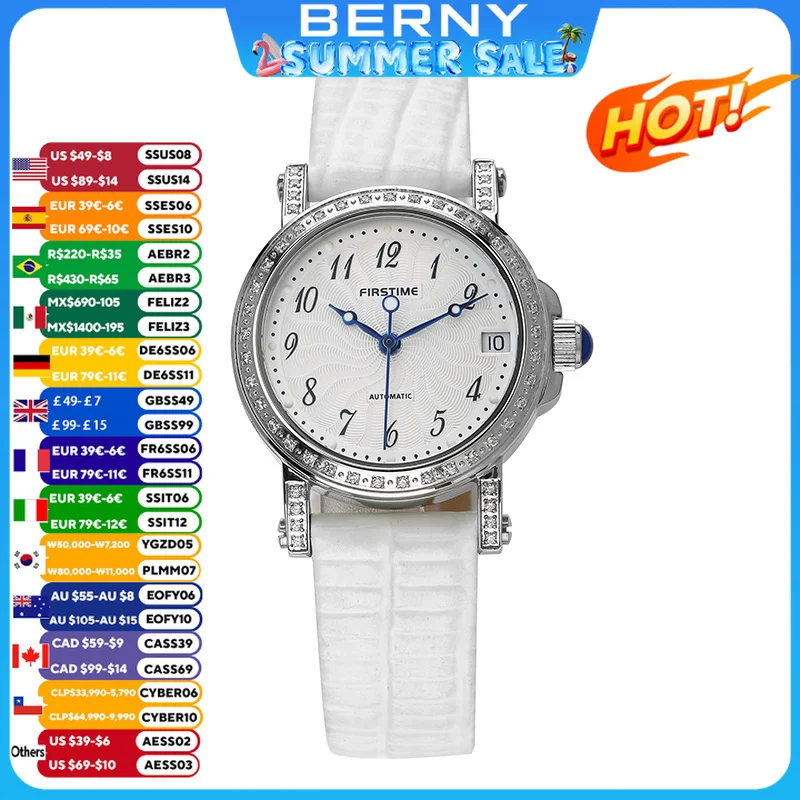 BERNY Women Automatic Mechanical Watch Ladies Luxury Easy Read Dial Calendar Display Sapphire Waterproof Fashion Ladies Watch