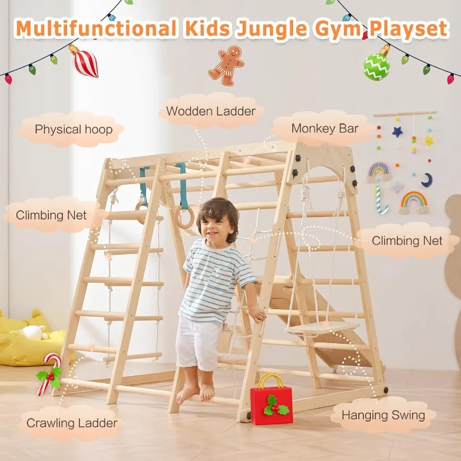 Juego de escalada plegable para niños pequeños 12 en 1, con tobogán, red de roca, barras de mono, tablero de dibujo, columpio y recogedor