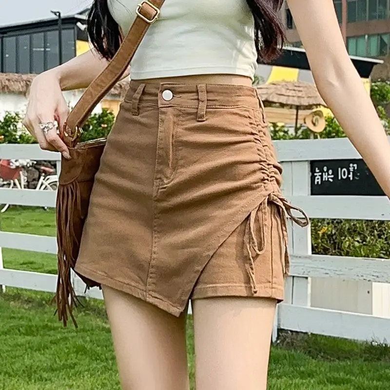 

Khaki Color Women's Denim Shorts Summer New Style High Waist Drawstring Asymmetrical Skirt Casual Cotton Polyester Blend