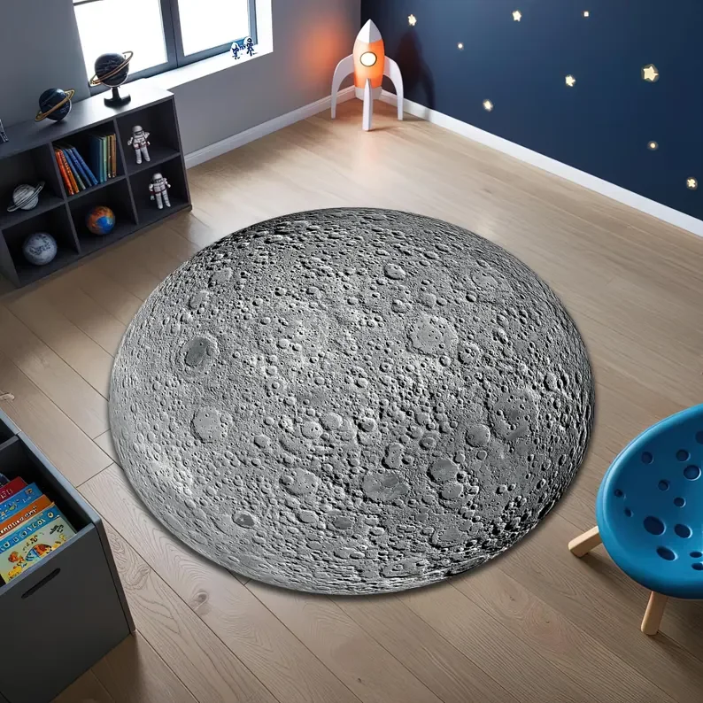 3D Moon Rug Space Room Decor Crater Design Carpet Soft Non-Slip Circle Floor Decor Mat for Living Room Bedroom Kitchen Rugs