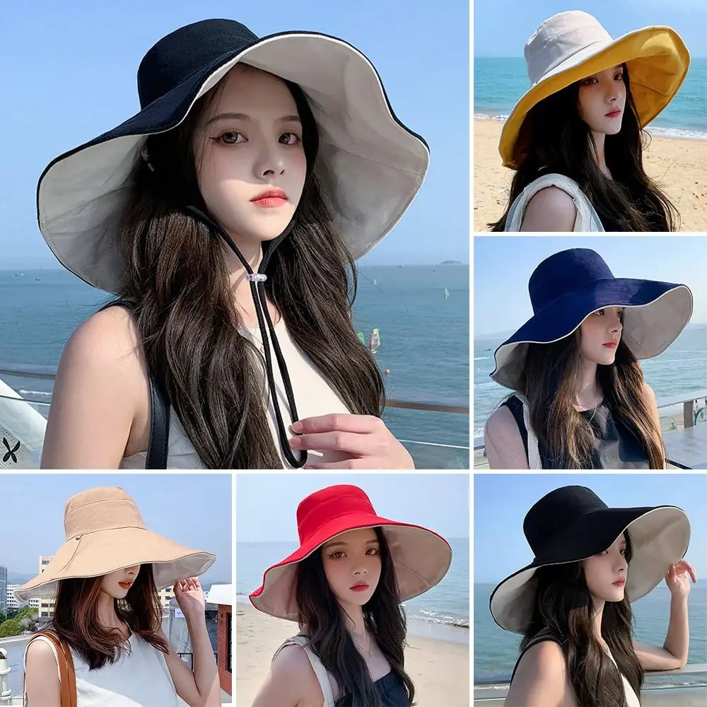 Spring Summer Double-Sided Bucket Hat Big Brim Foldable Beach Cap Portable Anti-UV Fisherman Cap Women Men
