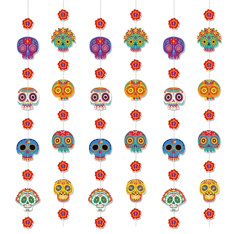 Día de los Muertos Dekorationen, Mexikanische Totenkopf-Hängeornamente, Totenkopf-Girlande Banner für Fiesta-Party-Zubehör – Detail 5