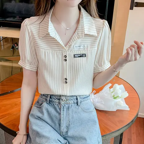 여름 새로운 모든 경기 스트라이프 폴로 넥 블라우스 반팔 스트리트 캐주얼 청소년 루즈 셔츠 탑 패션 빈티지 여성 의류