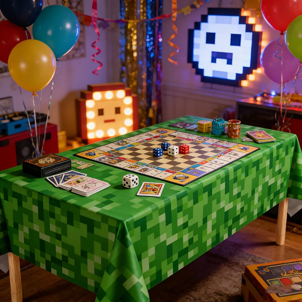 Creeper Face Tablecloth Disposable PE 137x274cm for Gamer Birthday Party – Waterproof, Easy Clean, Pixel Green Camo Design view 4