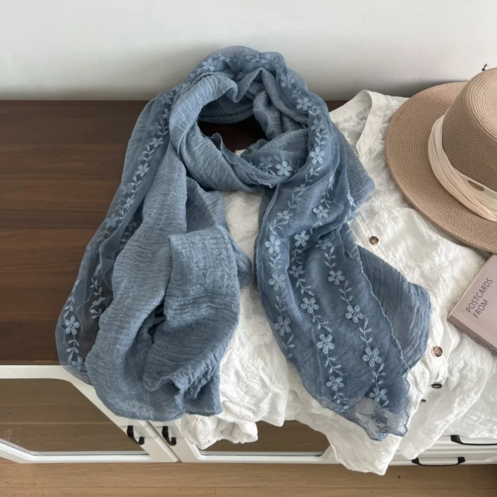 Fashion Cotton Linen Lace Patchwork Scarf Long Solid Color Thin Gauze Scarf Breathable Thin Shawl and Wrap for Women
