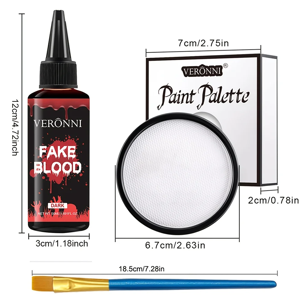 ชุดแต่งหน้าเลือดปลอมสมจริง 5 ชิ้น พร้อมสีทาหน้าสูตรน้ำสีดำและสีขาว และแปรง 2 อัน เหมาะสำหรับวันฮาโลวีน คอสเพลย์ และซอมบี้