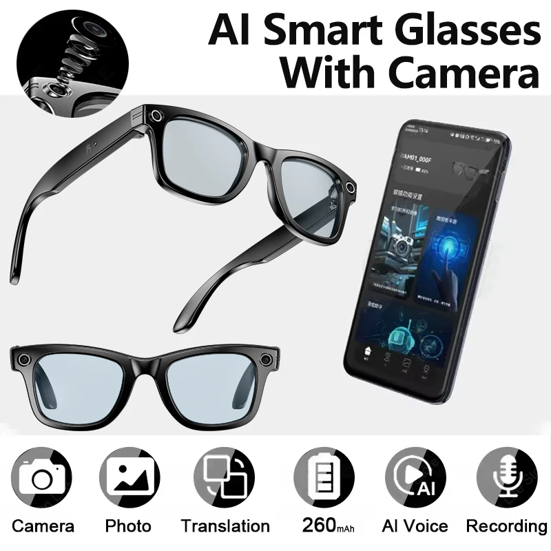 

Модные умные очки с камерой, запись видео, Bluetooth вызов, аккумулятор 260 мАч, музыкальный голосовой помощник, спортивные солнцезащитные очки для мужчин и женщин