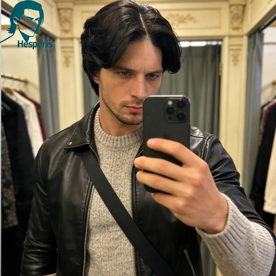 Hesperis 13x6 Lace Front Natural Black Men's Short Cut Wigs Glueless Remy Daily Wear Human Hair Wigs For Male Middle Part Wigs