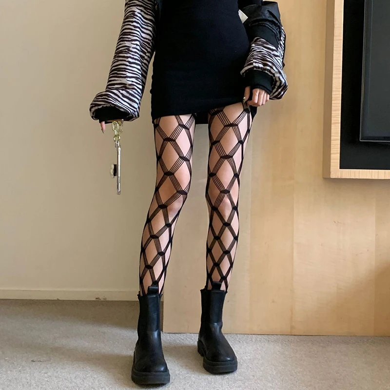 1x Pair of Hotest Sexy Fishnet Socks TikTok Instagram Fashion Style Large Grid Stocking Black & White Female Pantyhose