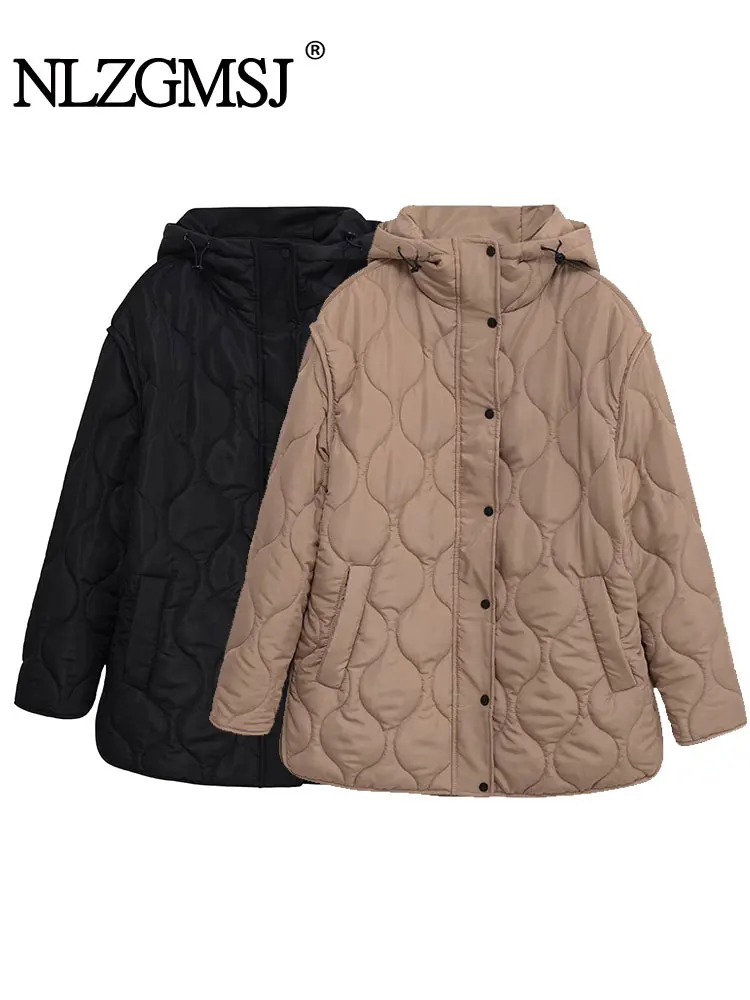 

NLZGMSJ винтажная женская куртка, однотонная, с капюшоном, карманами, длинными рукавами, на молнии, толстое пальто, новая мода, осень-зима 2025 года, верхняя одежда