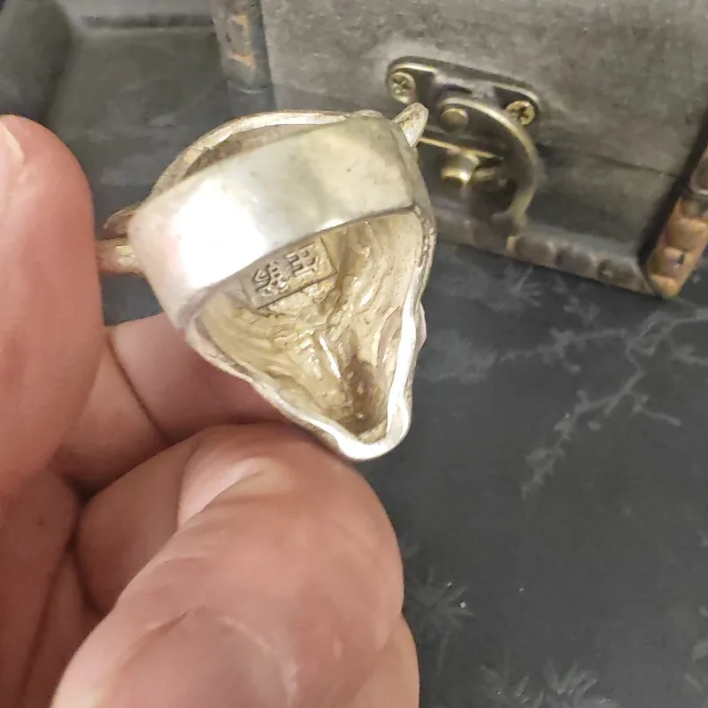 3D bull‑head carving, round imitation green jade, animal totem, vintage silver finish, unisex adjustable statement ring 5