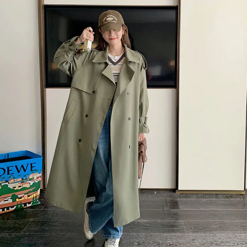 

2023 Spring And Autumn Korean Version British Style Windbreaker Women's High End Fashion Double Breasted Patch Trench Coat Z249