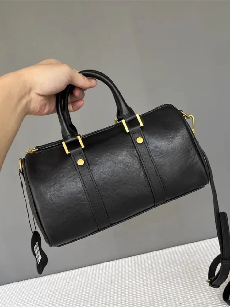 Retro Women Cowskin Genuine Leather Bag Fashion Tote Handbag Solid Color Boston Bag Office Ladies Single Shoulder Crossbody Bags