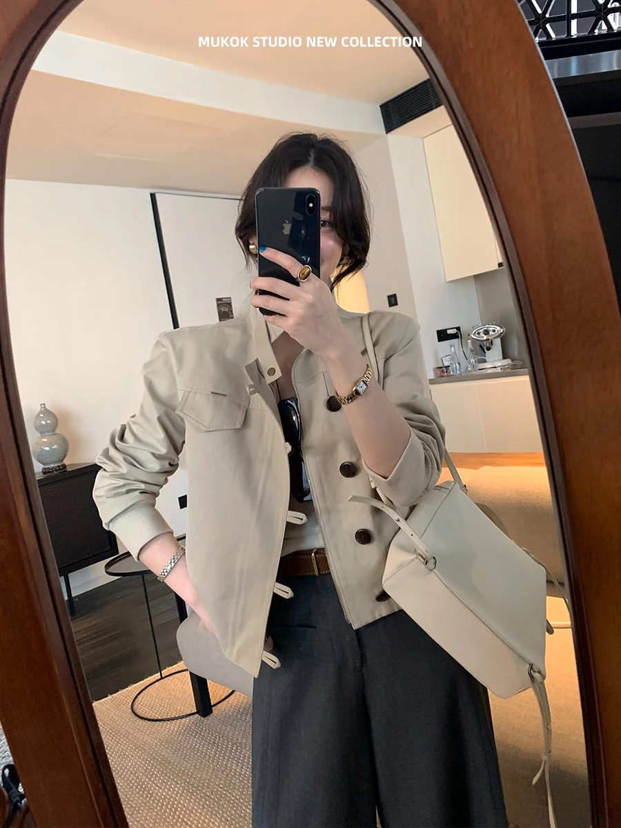 

MUKOK Модная ретро-куртка в корейском стиле с воротником-стойкой для женщин, 100% хлопок, весенний сезон, однотонная