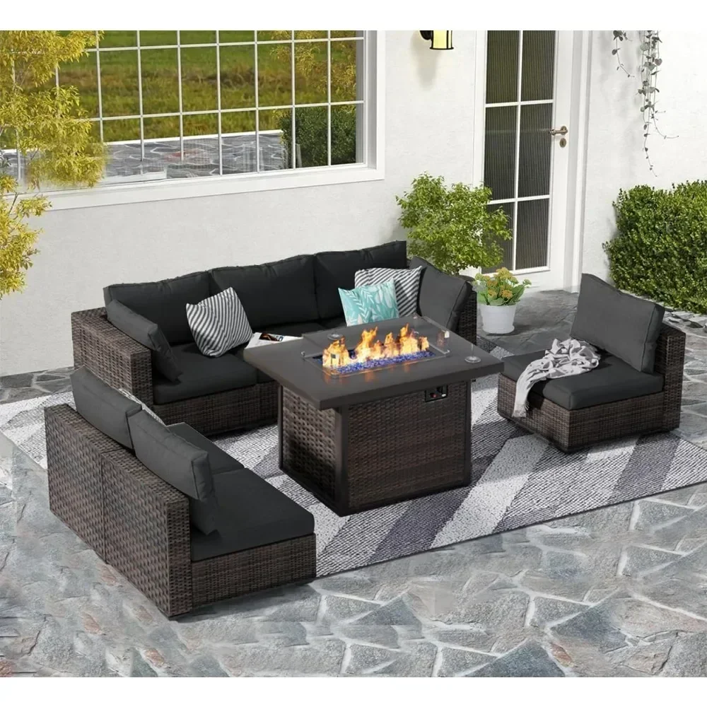 /Garden Furniture 7 Pie Set with Fire Pit Table, Rattan Outdoor Patio Sectional Conversation Furniture Sets WSeat Cushions