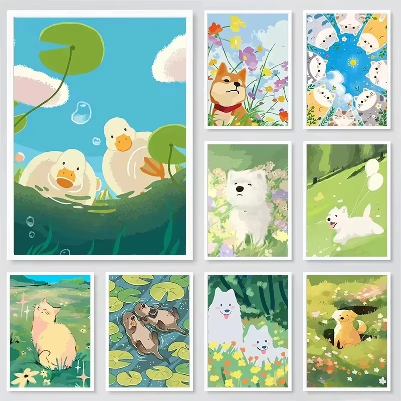 DIY Oil Painting Kit for Adults Happy Ducks Dogs Cat Flowers Meadow Artwork Paint by Numbers Canvas Wall Art Home Decor Gift