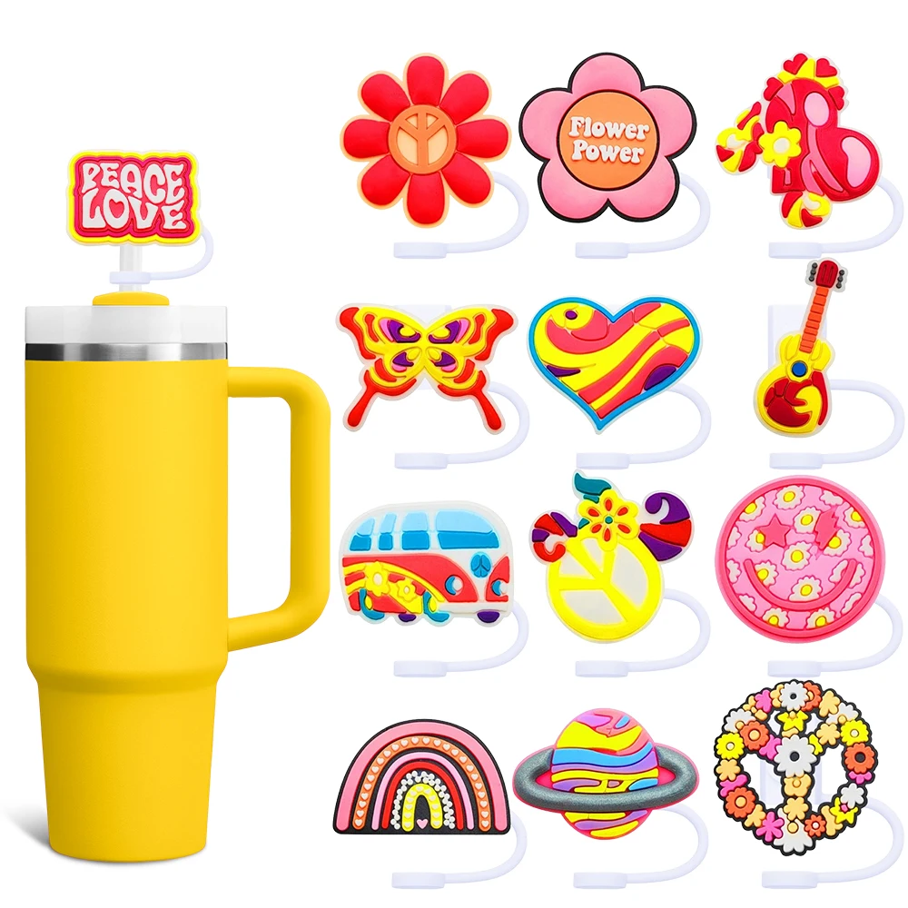 Peace And Love Straw Cover Cap 10MM Silicone Eco-friendly Straw Plug Splash Proof Drinking Cup Charms Pendent Party Gift