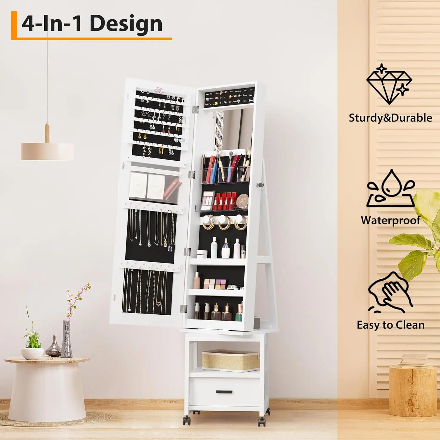 خزانة مجوهرات 4 في 1 مع مرآة وعجلات كاملة الطول، 360 درجة °   الدولاب للمجوهرات الدوارة، جوهرة مكياج قائمة بذاتها بطول 66 بوصة