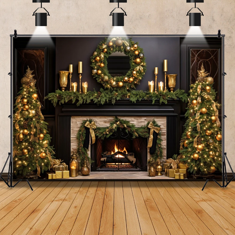 Winter Christmas Backdrop Fireplace Xmas Trees Gifts Family Portrait Interior Photography Background Decor For Photo Studio
