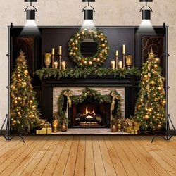 Winter Christmas Backdrop Fireplace Xmas Trees Gifts Family Portrait  Interior Photography Background Decor For Photo Studio