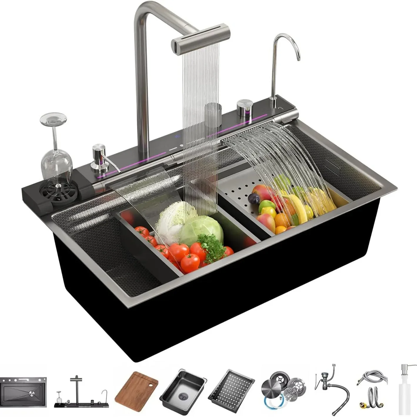 Cross-border 304 Whale Kitchen Stainless Steel Sink Vegetable Basin Waterfall Flying Rain LED Digital Display