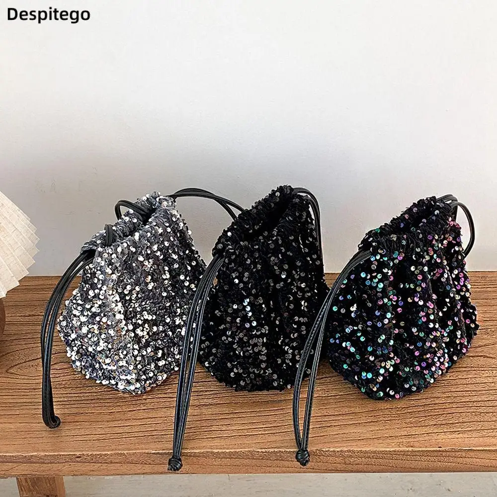 Korean Sequin Drawstring Bucket Bag Small Crossbody Bag Shoulder Bag Fashion Personality Women's Bundle Handbag