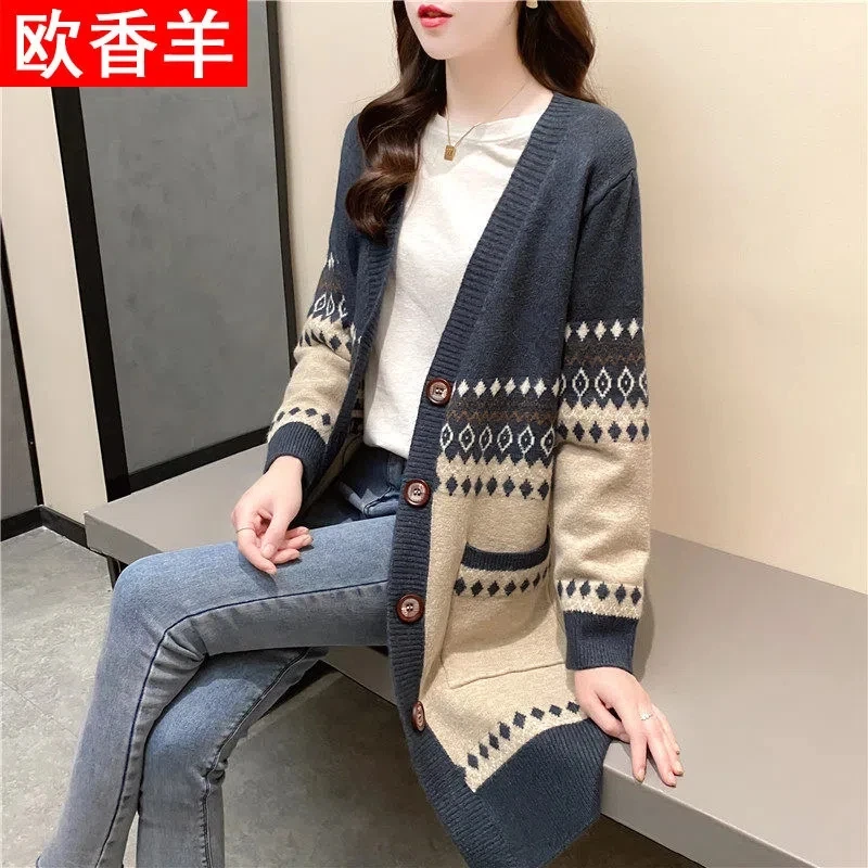 Mid-long Knitting Cardigan For Women Spring And Autumn 2022 new Korean Version Loose And Sweater Coat Print Jacket Pocket Coat