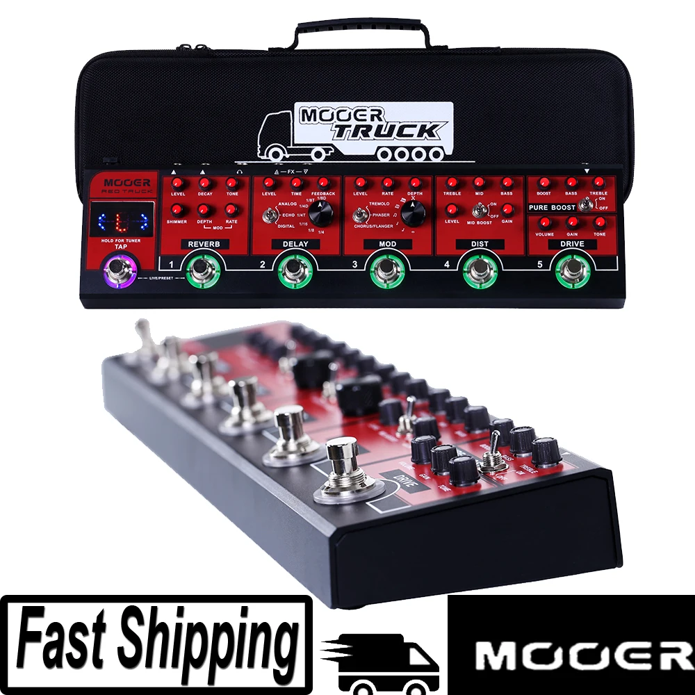 Pedal de Efeito para Guitarra Mooer Cpt1 Red Truck 6 em 1 com Boost, Overdrive/Distorção/Modulação/Delay, Reverb e Afinador