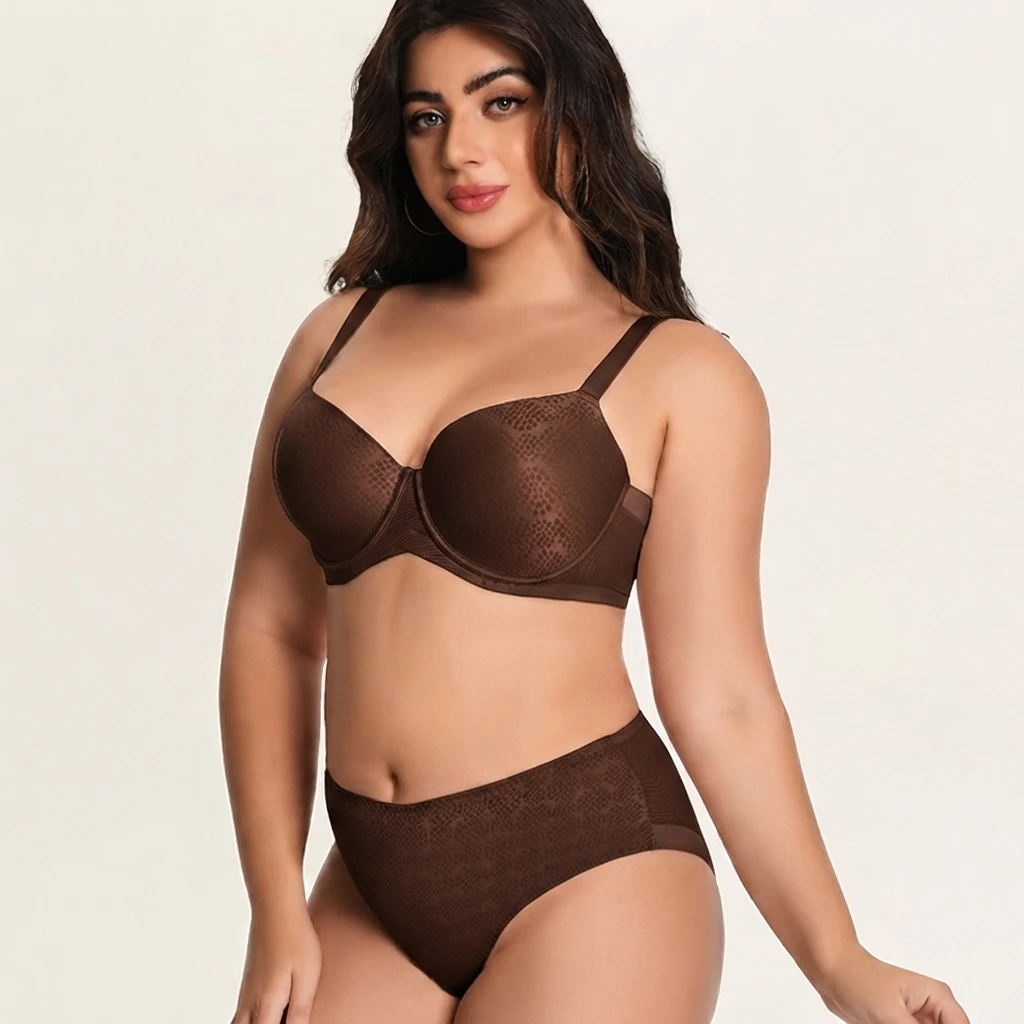 Plus Size Matte Snake Pattern Lingerie Set For Curvy Women C D E F G Cup Full Cup Underwire Bra Two-Piece Shaping Underwear