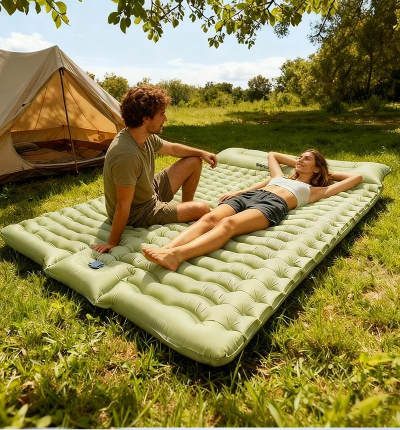 Doppelkissen-Schlafmatte mit eingebauter Fußpumpe, ultraleichte Campingmatte, tragbarer Reise-Wanderrucksack – Detail 3