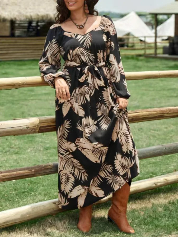 GIBSIE Plus Size 2024 Autumn New Tropical Print Belted Dress Women Vintage Sweetheart Neck Lantern Sleeve A-line Maxi Dresses