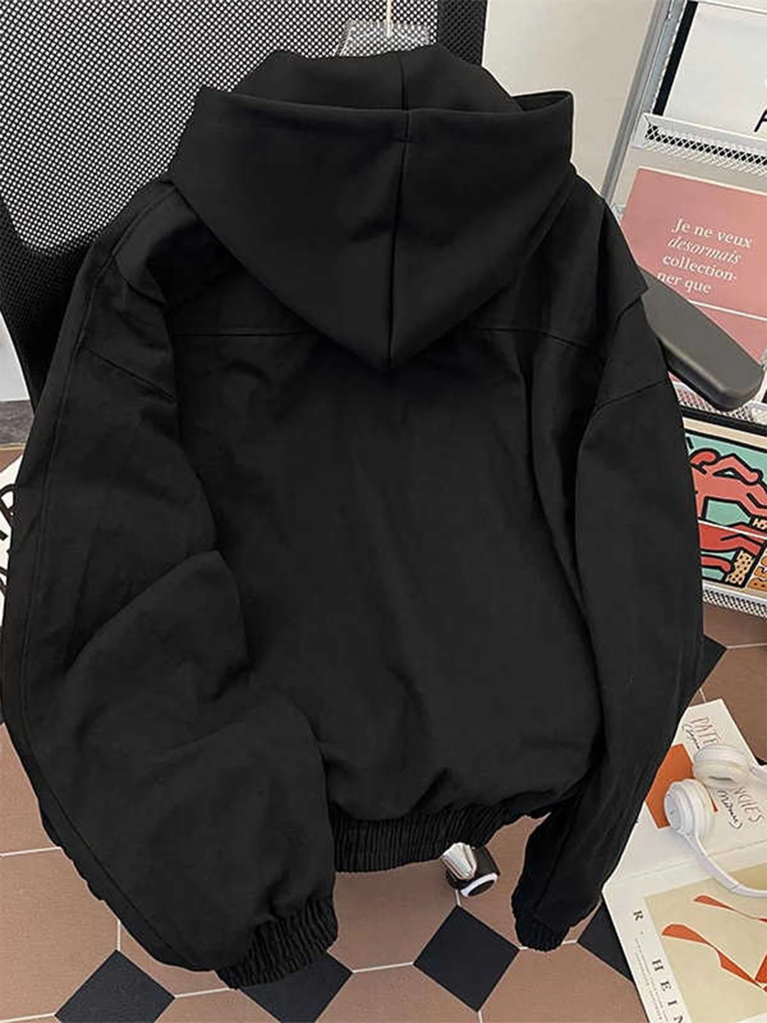 Frauen Schwarz Gothic Hoodie Bomber Jacke Mantel Vintage Harajuku 2000 s Langarm Herbst Mäntel Mode Oberbekleidung Top 2025 Kleidung