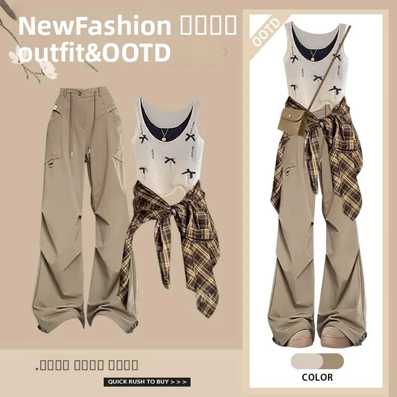 

Антивозрастной комплект Hot Girl Street Sle, весенний жилет, клетчатый солнцезащитный крем с повседневными брюками, комплект из футболки ort Sve...