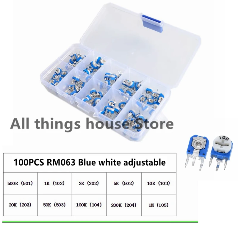 

100pcs 10Kinds x 10pcs RM063 Horizontal Trimpot Blue White Adjustable Potentiometer Assortment Kit Box 1K 2K 5K 10K 20K 50K 100K