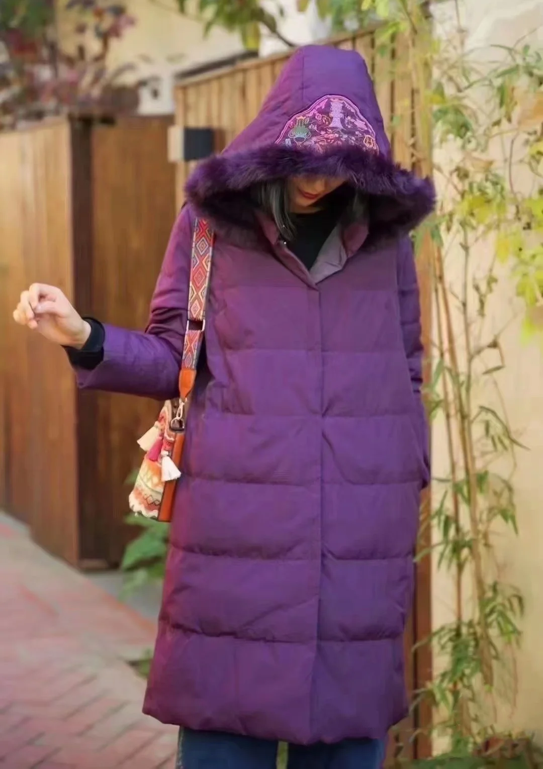 Women's winter down jacket Purple hooded thicken down coats Vintage embroidery outerwears  Female clothing high quality