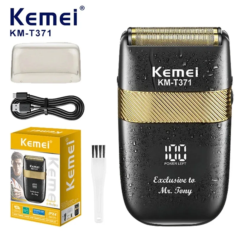 

Электробритва Kemei T371 для мужчин, водонепроницаемая, беспроводная, с возвратно-поступательным движением лезвий, триммер для барберов, USB-зарядка, машинка для бритья