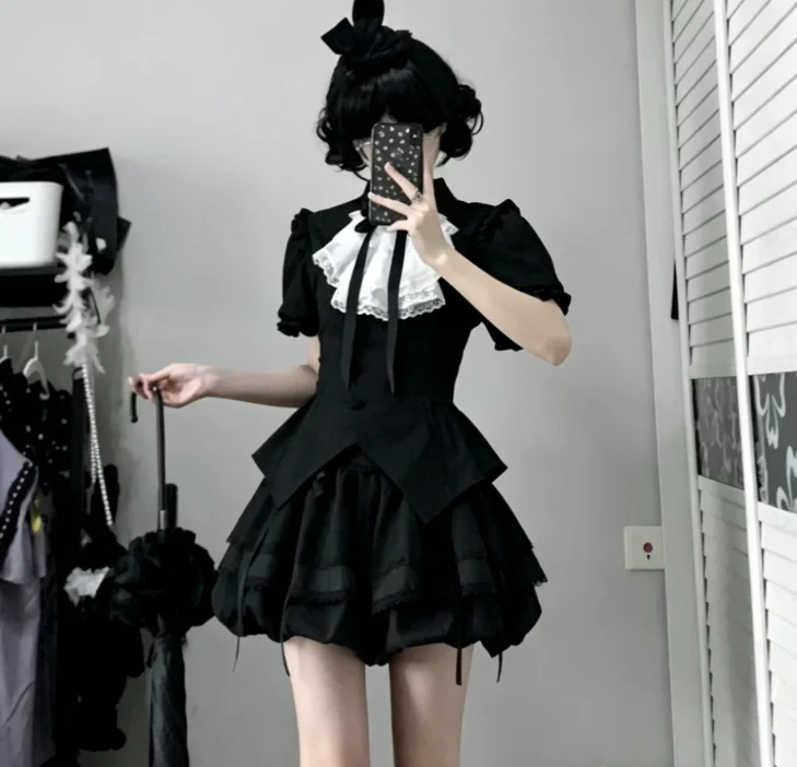 Summer Japanese Short Puff Sleeve Turn-down Collar Slim Fit Shirt Fashion High Waist A-line Gothic Girl Subculture Skirt Sets