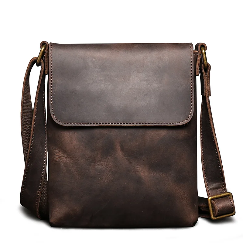 Nesitu Highend Vintage Brown Genuine Crazy Horse Leather Small Shoulder Men Messenger Bags for Phone ipad mini Cross Body M30172