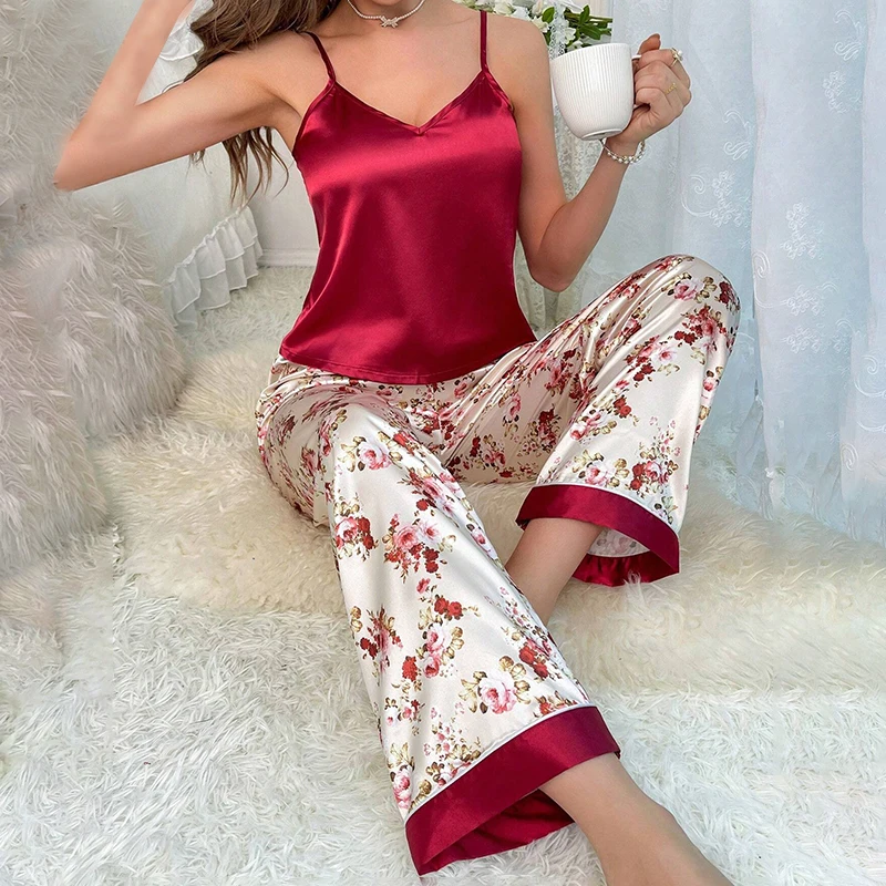 Women's Casual Letter Printed Thin Shoulder Strap Pijama Set with Adjustable Camisole Tops Elastic Pants Sleepwear Home Clothes