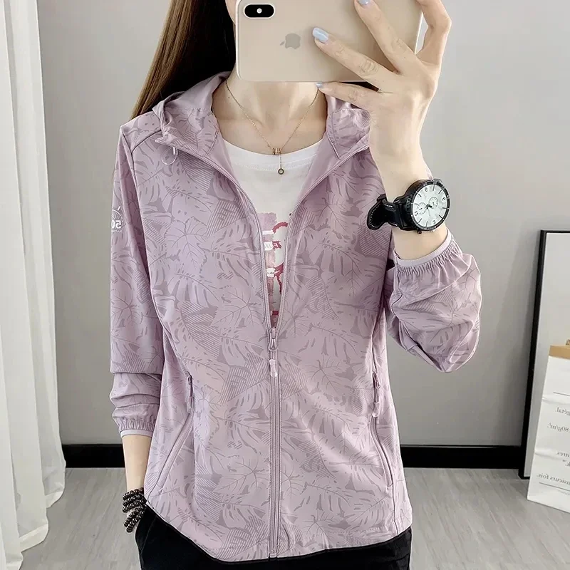 

Mesh Breathable Sun Protection Clothing Womens Jackets Summer Thin Hooded Quick-Drying Sports Coat Printing Female Tops B79